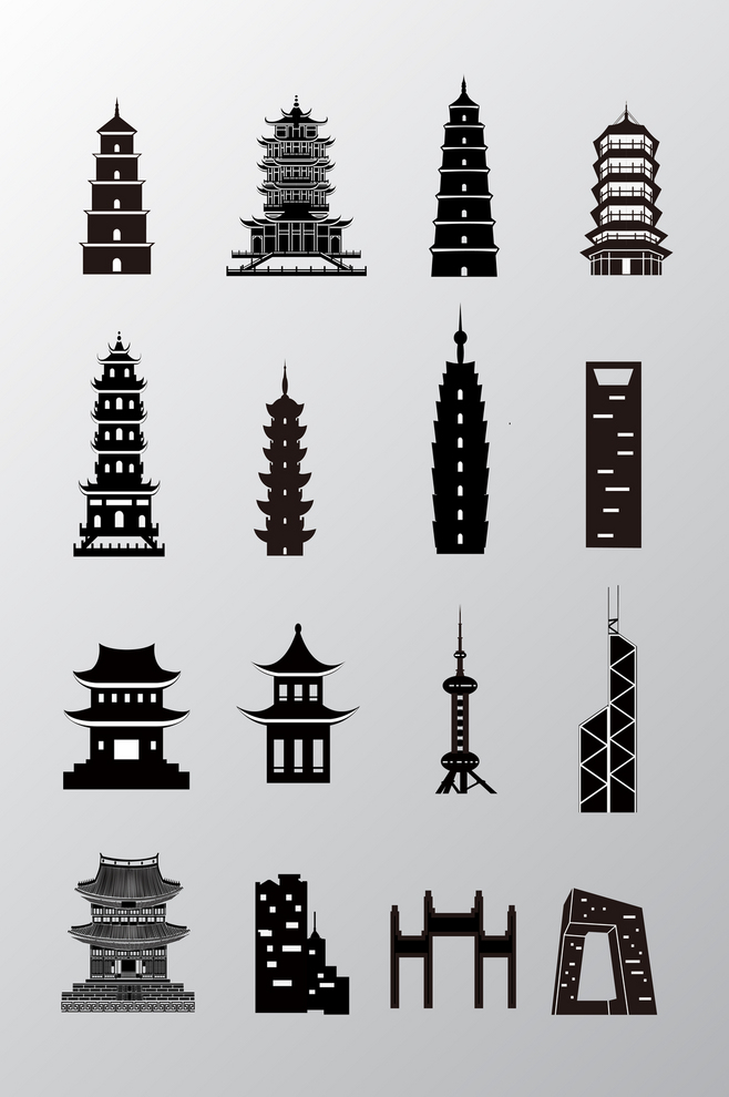 古现代中国建筑剪影矢量素材 融合传统与现代的设计之美